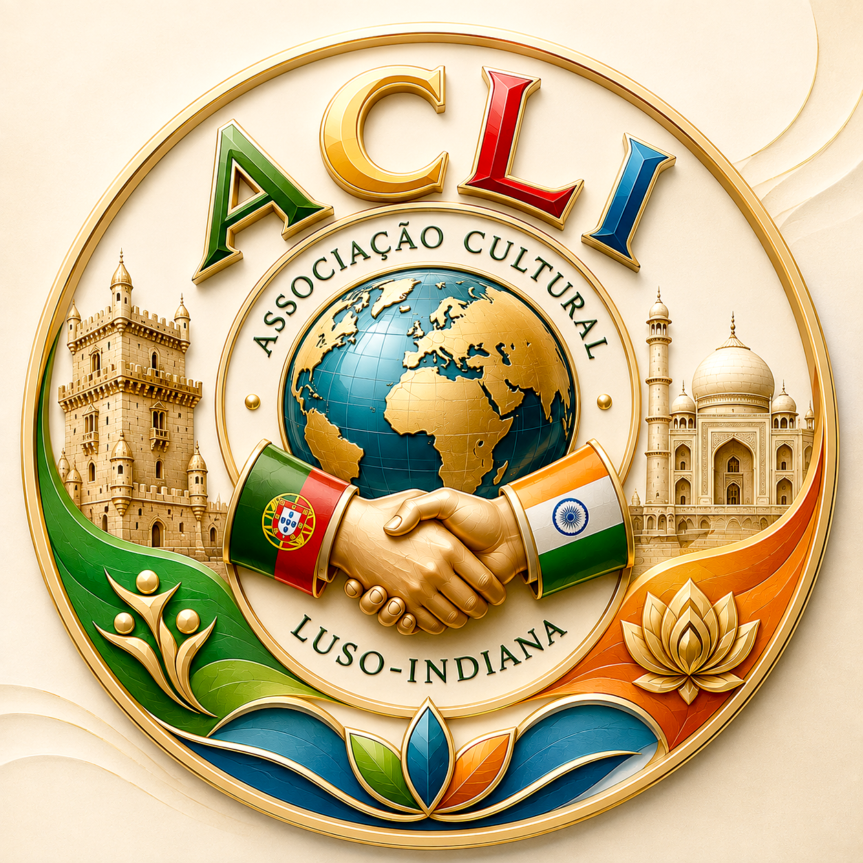 "Circular gold emblem of ACLI Associação Cultural Luso-Indiana with a handshake between Portuguese and Indian flags, the Belem Tower, and the Taj Mahal."