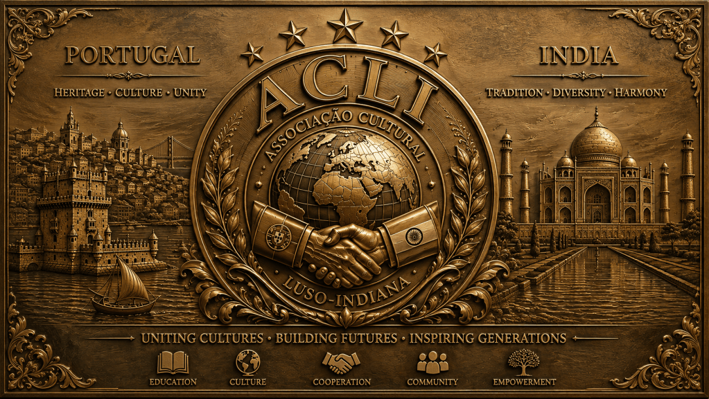 Engraved bronze hero artwork for ACLI Portugal featuring Portuguese and Indian cultural landmarks, a handshake, globe, and the message "Education with Heart & Soul" representing Portuguese language and cultural education.