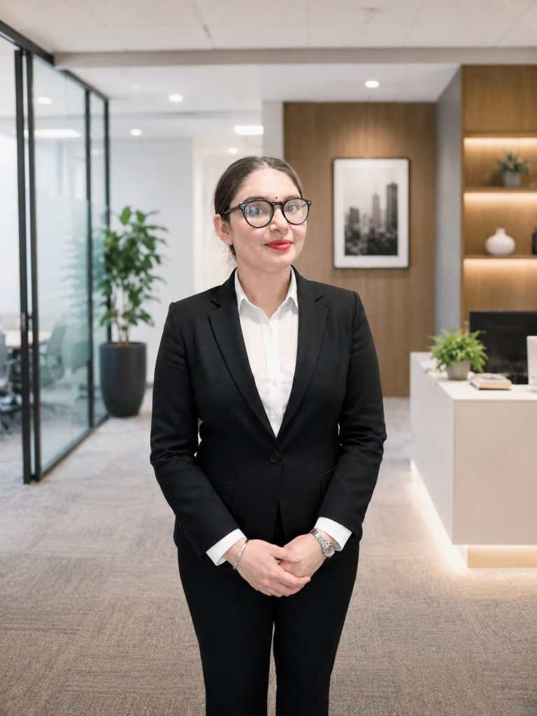 Kirandeep Kaur, President of ACLI School Portugal, standing in a professional office setting.